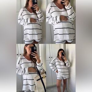 Maternity White and Black Striped sweater and shorts set